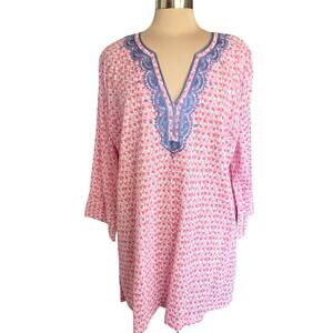 Blu Threads Pink Blue Kurta Tunic Embroidered Neckline Sz XL Lightweight Cotton